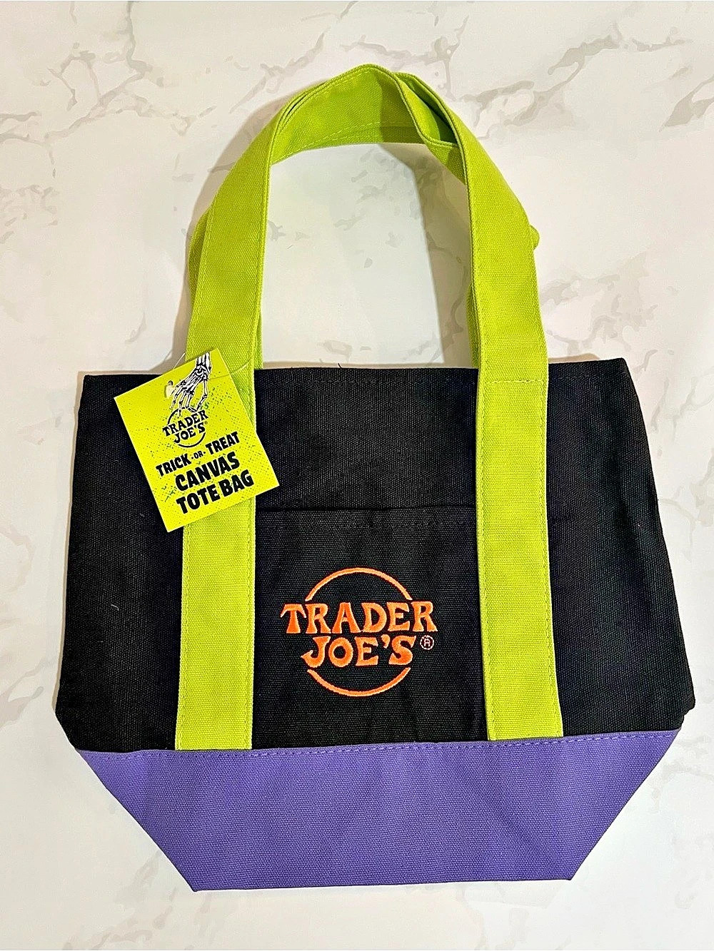 Trader Joe's Trick-or-Treat Mini Canvas Halloween Tote Bag Black, Green & Purple